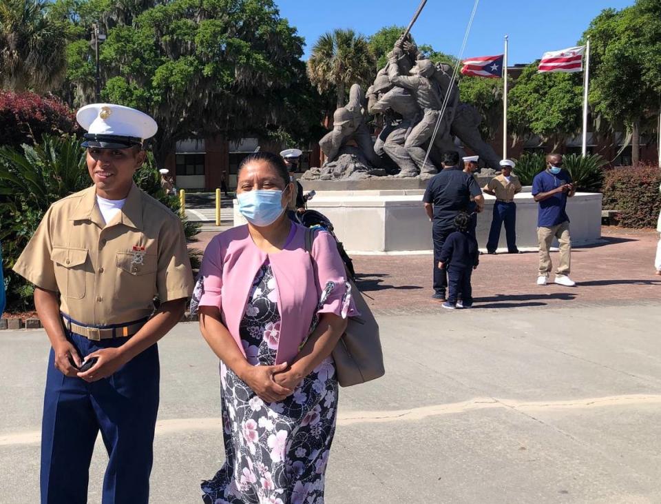 Pvt. Edwin Villedaperez and his mother, Anabel Perez, of Hilton Head Island at Parris Island graduation May 7, 2021.