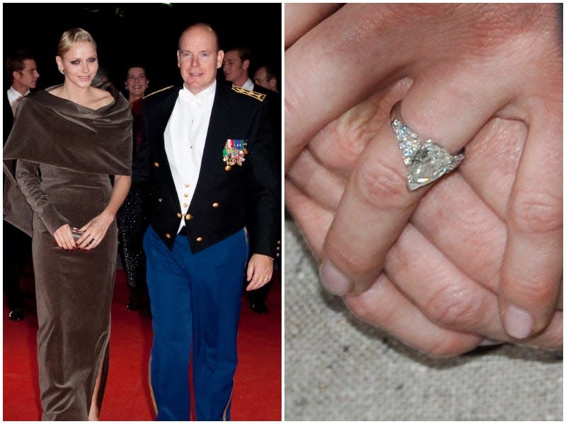 Princess Charlene and Prince Albert of Monaco, in a side by side image with a close up of Charlene's engagement ring.