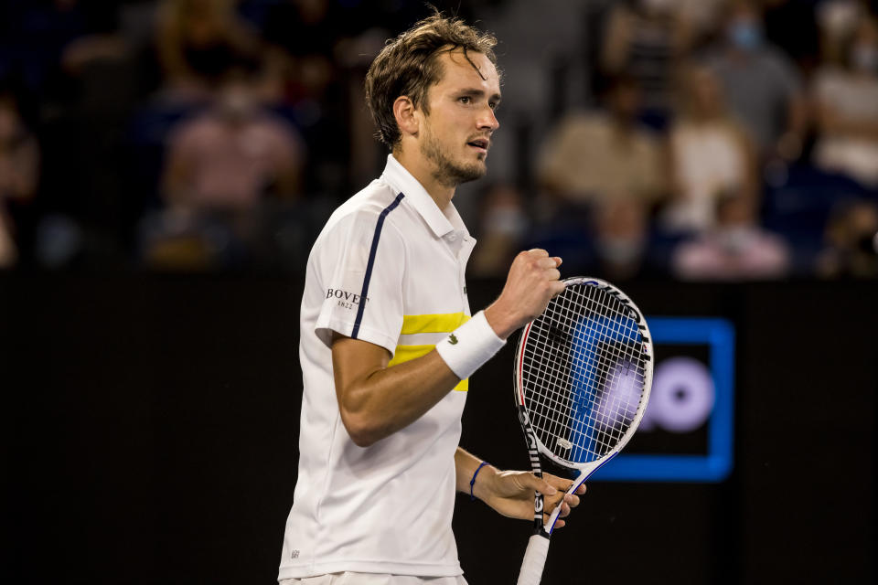 MELBOURNE, VIC - FEBRUARY 19: Daniil Medvedev of Russia celebrates after winning his match during the semifinals of the 2021 Australian Open on February 19 2021, at Melbourne Park in Melbourne, Australia. (Photo by Jason Heidrich/Icon Sportswire via Getty Images)