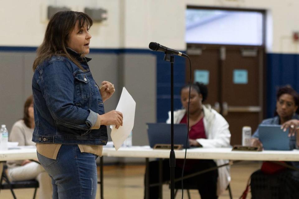 Tiffany Baldwin, a former District 110 board member from 2005 to 2023, speaks during a board meeting at Grant Middle School in Fairview Heights, Ill., on April 23, 2024.