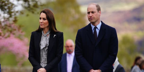 merthyr tydfil, wales april 28 aberfan disaster child survivor david davies l, walks with prince william, prince of wales and catherine, princes of wales during a visit to the aberfan memorial garden, to pay their respects to those who lost their lives during the aberfan disaster on october 21st 1966, on their 2 day visit to wales on april 28, 2023 in merthyr tydfil, united kingdom the prince and princes of wales are visiting the country to celebrate the 60th anniversary of central beacons mountain rescue and to meet members of local communities photo by ben birchall wpa pool getty images