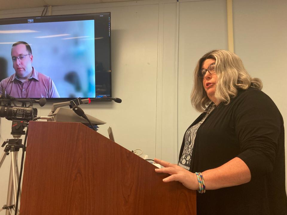 Charlize Jamieson, a trans woman, talks at the Delaware County Council meeting Tuesday  about Council member Ryan Webb identifying as a woman of color. She said his claim came after insulting trans people online.
