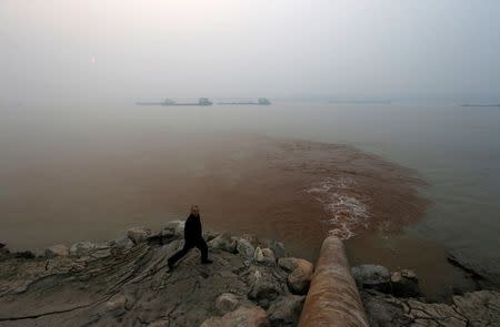 A man walks by a pipe discharging waste water into the Yangtze River from a paper mill in Anqing, Anhui province, December 4, 2013. REUTERS/William Hong