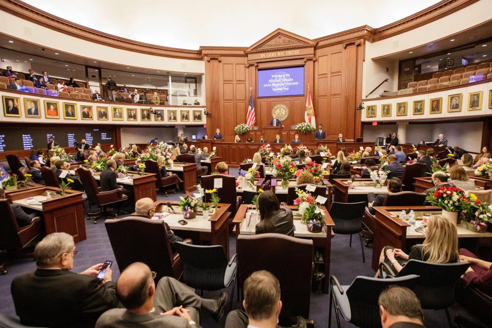 President of the Senate Wilton Simpson presents an opening statement to the Florida Senate during the opening day of the 2022 Florida Legislative Session Tuesday, Jan. 11, 2022.