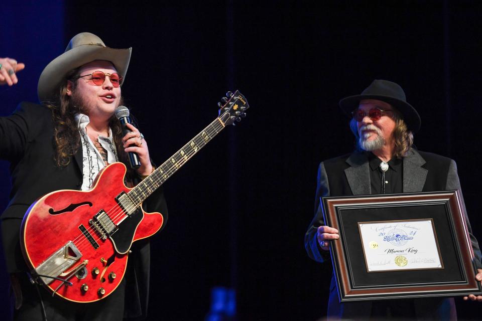 Marcus King dedicates his award to his father, Marvin King, as he is inducted into the South Carolina Entertainment and Music Hall of Fame at McAlister Auditorium on Thursday, April 25, 2024.