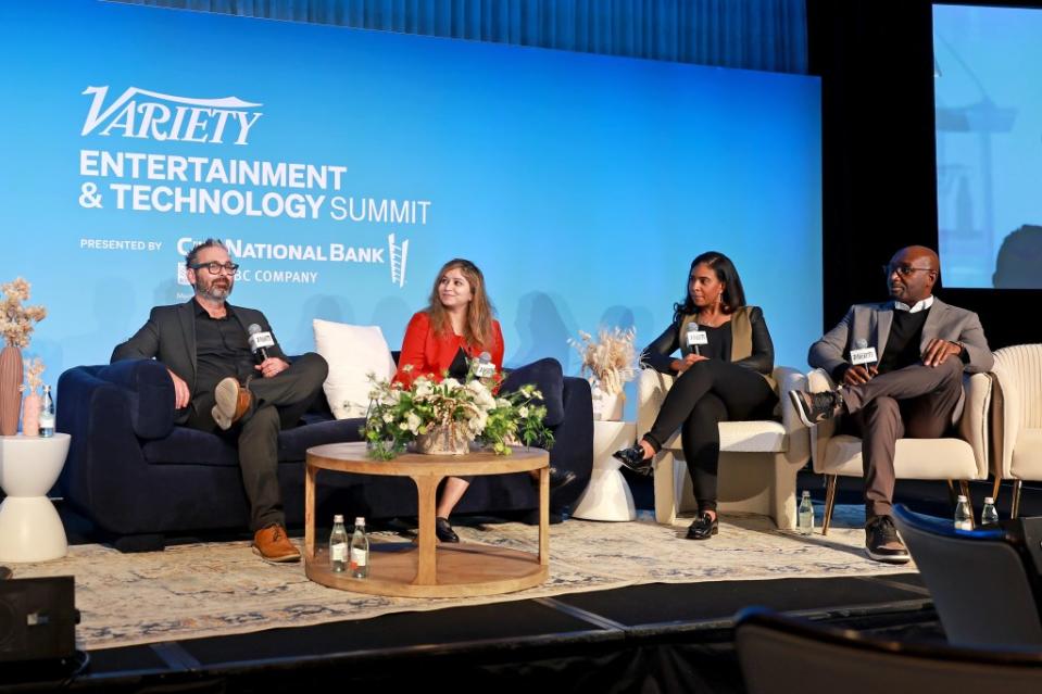 LOS ANGELES, CALIFORNIA - SEPTEMBER 21: (L-R) Dr. Chris Mattmann, International Expert in AI and Machine Learning, Hina Dixit, Partner, Microsoft Venture Fund M12, Tia White, General Manager, AI and Machine Learning, Amazon, and Travis Sampson, Chief Technology Officer, SoFi Stadium speak onstage during the Variety Entertainment & Technology Summit presented by City National Bank at Four Seasons Hotel Los Angeles at Beverly Hills on September 21, 2023 in Los Angeles, California. (Photo by Matt Winkelmeyer/Variety via Getty Images)