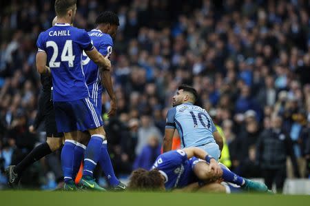 Manchester City's Sergio Aguero is sent off for this challenge on Chelsea's David Luiz. Manchester City v Chelsea - Premier League - Etihad Stadium - 3/12/16. Reuters / Phil Noble Livepic