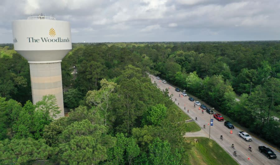 Aerial view of athletes competing in the bike course of the IRONMAN Texas. (Photo by Meg Oliphant/Getty Images for IRONMAN)