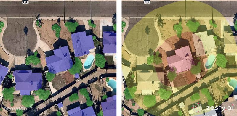 Handout combo image supplied shows Zesty.ai compute the fraction of an area occupied by combustible vegetation and if buildings are present, in California, U.S., in this undated 2020 image