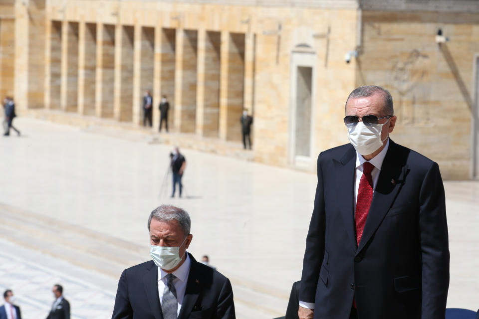 ANKARA, TURKEY - JULY 23: Turkish President Recep Tayyip Erdogan visits Anitkabir, founder of Republic of Turkey, Mustafa Kemal Ataturk's mausoleum, ahead of the Turkish Supreme Military Council meeting in Ankara, Turkey on July 23, 2020. (Photo by Mustafa Kamaci/Anadolu Agency via Getty Images)