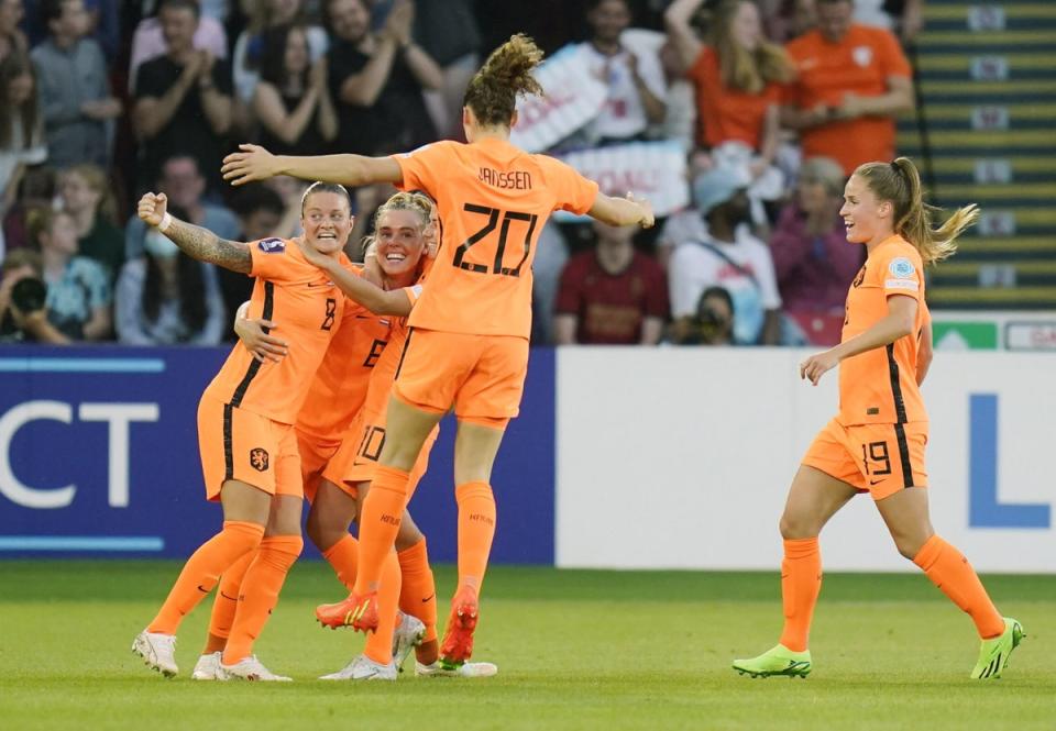 Jill Roord, second left, celebrates her equaliser with team-mates (Danny Lawson/PA) (PA Wire)
