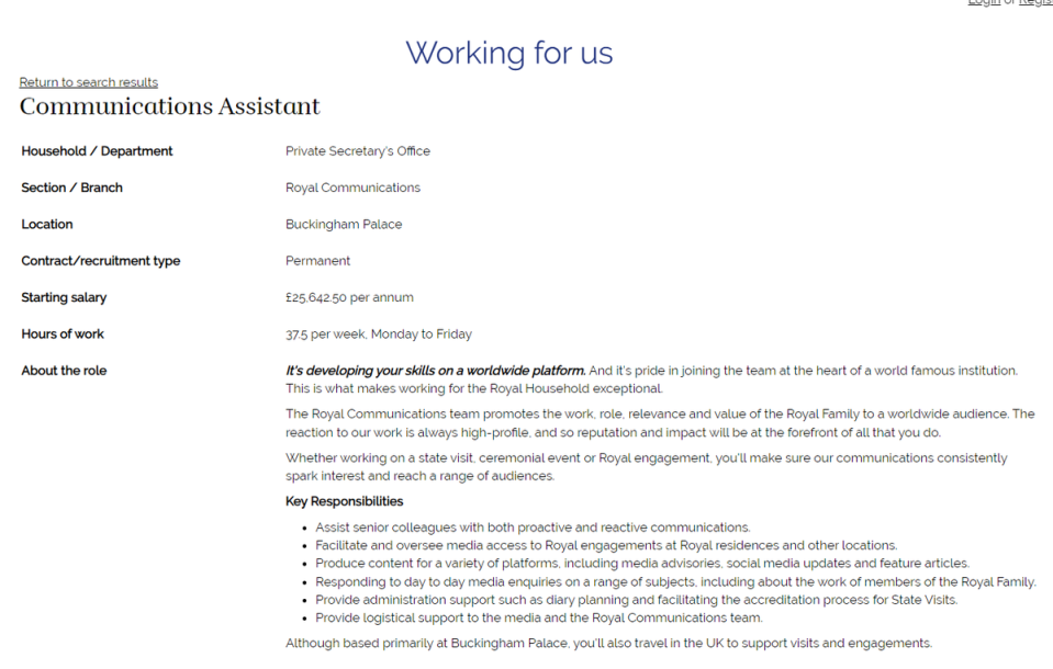 Job advert for the new opening in the communications team at Buckingham Palace (Buckingham Palace)