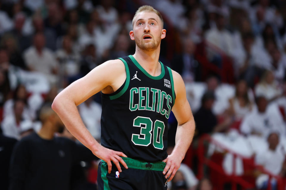 MIAMI, FLORIDA - APRIL 27: Sam Hauser #30 of the Boston Celtics looks on against the Miami Heat during the first quarter in game three of the Eastern Conference First Round Playoffs at Kaseya Center on April 27, 2024 in Miami, Florida. NOTE TO USER: User expressly acknowledges and agrees that, by downloading and or using this photograph, User is consenting to the terms and conditions of the Getty Images License Agreement. (Photo by Megan Briggs/Getty Images)