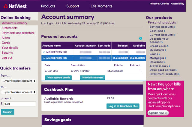 Kieran McKeefery who was shocked when he found 1.25 Million pounds had been paid into his bank account. Picture shows his bank balance. See Ross Parry copy RPYBANK : A man was baffled after he logged on to his online banking and discovered he had a mystery #1.25 MILLION in his account. Shocked Kieran McKeefery, 21, couldn't believe his eyes when his bank balance had been boosted by an incoming cash transfer of #1,245,000. After mulling over what he could spend the cash on, the web designer phoned his bank, Natwest, and asked them to investigate. Bank bosses could only tell him the enormous bank-to-bank same-day payment had coem from a huge investment company - and it was up to their bank to take it back. It was an agonising TEN days before the company retrieved the cash - but leaving tempted Kieran with a bonus  of interest. Honest Kieran, from Barnsley, South Yorkshire, said: 