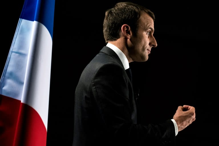 French presidential election candidate for the En Marche! movement Emmanuel Macron delivers a speech during a visit at the French Institute for Research in Computer Science and Automation in Montbonnot Saint-Martin April 14, 2017