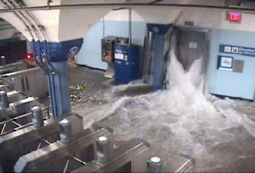 CCTV photo shows flood waters rushing in to the Hoboken PATH station in New Jersey