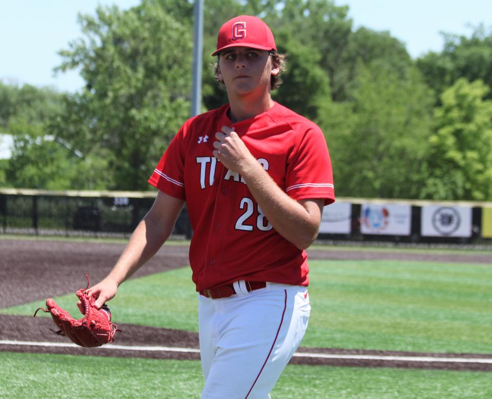 Chatham Glenwood junior pitcher Parker Detmers returns to the dugout during the Class 3A Champaign Central Sectional final against Mahomet-Seymour on Saturday, June 4.