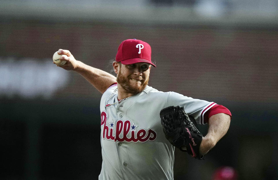 Philadelphia Phillies relief pitcher Craig Kimbrel (31) delivers in the ninth inning of a baseball game against the Atlanta Braves, Saturday, May 27, 2023, in Atlanta. (AP Photo/Brynn Anderson)