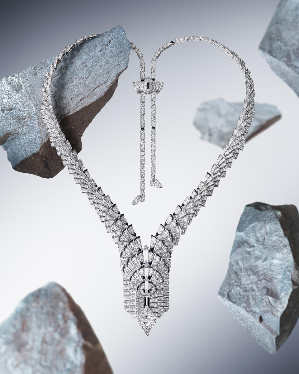 The Cartier Alae high jewelry necklace figures a soaring beetle.