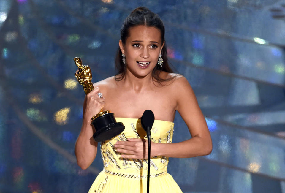 Alicia Vikander accepts the award for best actress in a supporting role for “The Danish Girl” at the Oscars on Sunday, Feb. 28, 2016, at the Dolby Theatre in Los Angeles. 