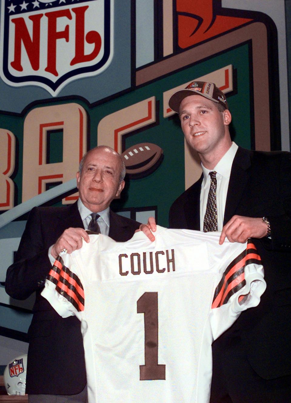 Former Kentucky quarterback Tim Couch, right, poses with Cleveland Browns owner Al Lerner after the Browns made him the No. 1 pick overall in the NFL draft in New York on April 17, 1999.