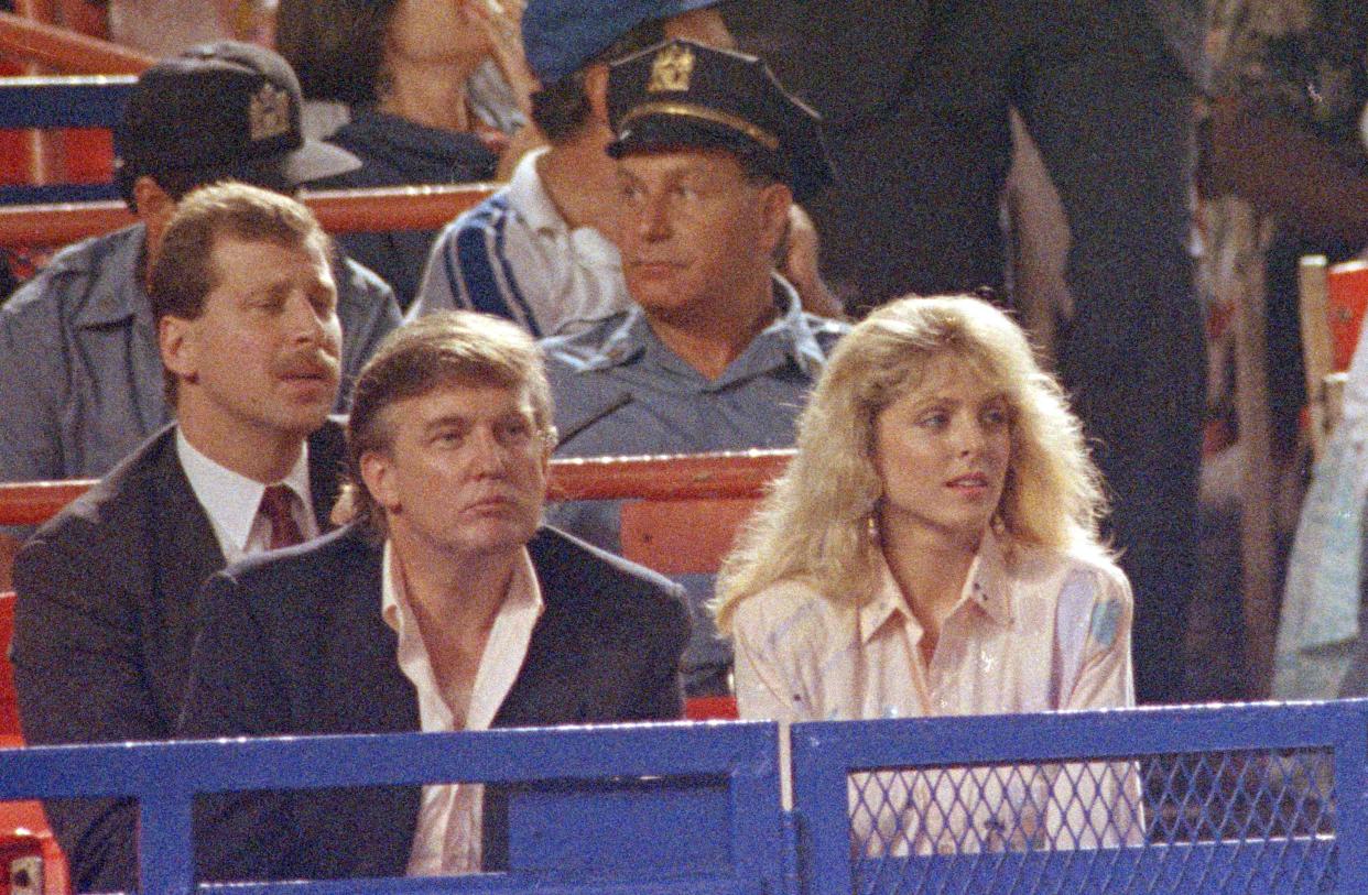 Donald Trump and Marla Maples attend the New York Mets and San Diego Padres game in New York, on July 13, 1991. The couple, whose engagement was recently announced, watched the Mets win their tenth straight game.