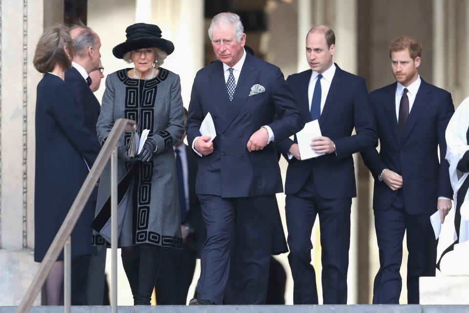 LONDON, ENGLAND - DECEMBER 14:  Camilla, Duchess of Cornwall, Prince Charles, Prince of Wales, Prince William, Duke of Cambridge and Prince Harry leave the Grenfell Tower National Memorial Service held at St Paul's Cathedral on December 14, 2017 in London, England. The Royal Family and Prime Minister will join survivors of the Grenfell Tower at the memorial at St Paul's Cathedral for the six-month anniversary which killed 71 people. About 1,500 people are expected to attend the multi-faith service.  (Photo by Chris Jackson/Getty Images)