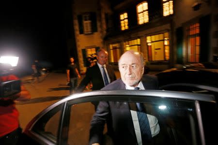 Former FIFA President Sepp Blatter is seen leaving the Court of Arbitration for Sport (CAS) in this file picture taken in Lausanne, Switzerland, August 25, 2016. REUTERS/Pierre Albouy/File Photo