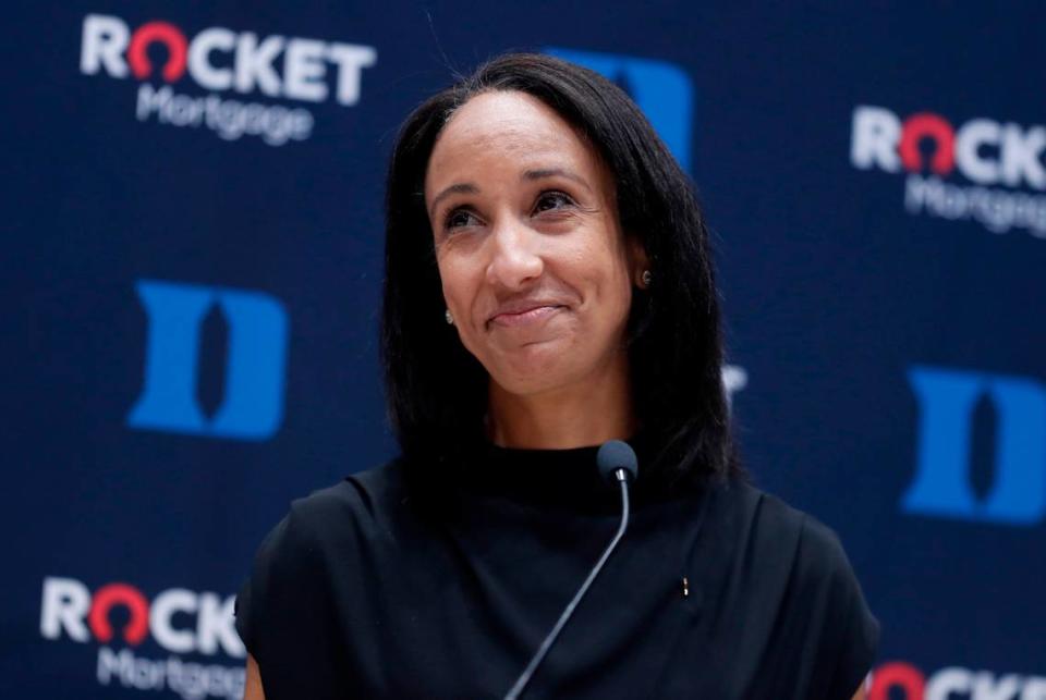 Nina King reacts to the applause from the audience during a press conference where King was introduced as Duke’s new athletic director at Cameron Indoor Stadium in Durham, N.C., Friday, May 21, 2021.