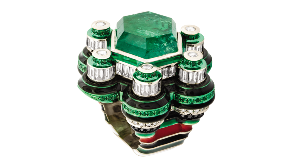 Solange Azagury-Partridge Emerald, Diamond and Onyx Space Station Ring