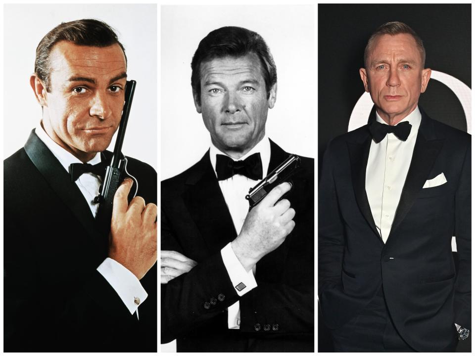 Sean Connery, Roger Moore, and Daniel Craig as James Bond.