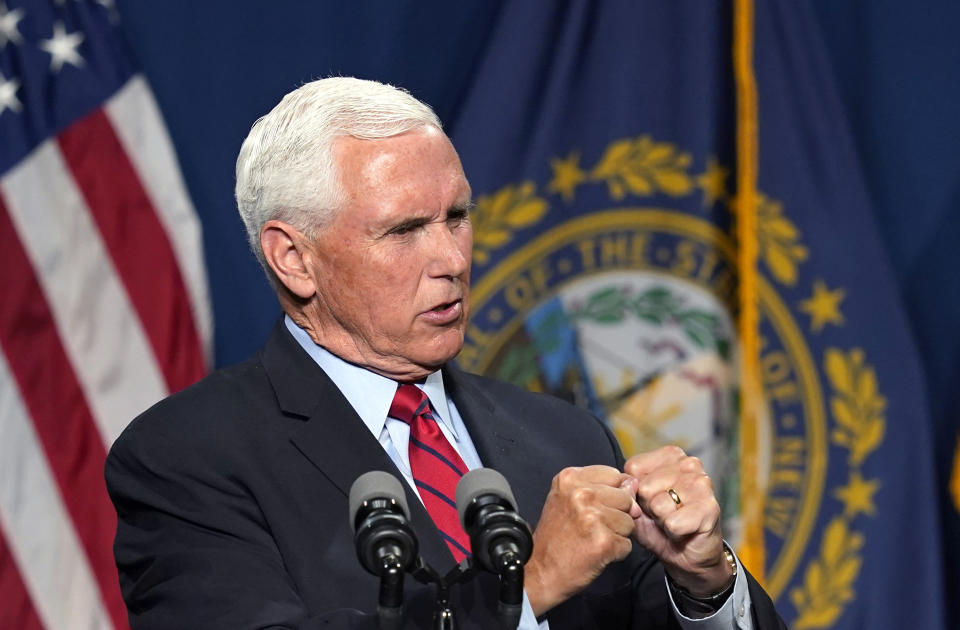 Former Vice President Mike Pence speaks at the annual Hillsborough County NH GOP Lincoln-Reagan Dinner, Thursday, June 3, 2021, in Manchester, N.H. (AP Photo/Elise Amendola)