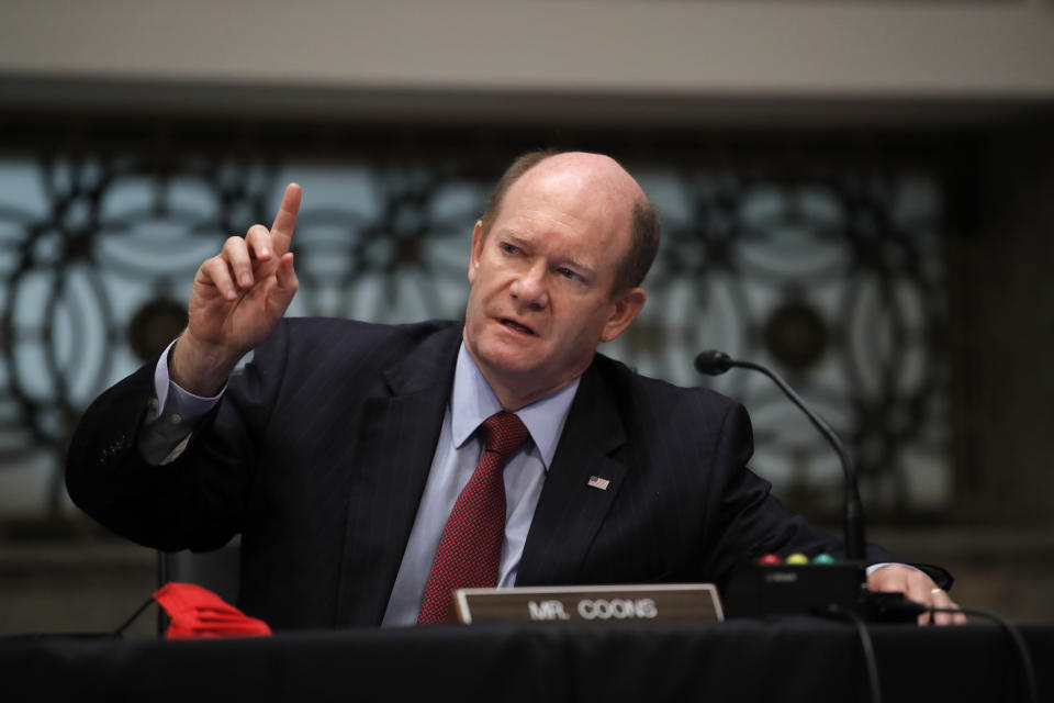 Sen. Chris Coons, D-Del., speaks during a Senate Judiciary Committee business meeting to consider authorization for subpoenas relating to the Crossfire Hurricane investigation, and other matters on Capitol Hill in Washington, Thursday, June 11, 2020. (AP Photo/Carolyn Kaster, Pool)