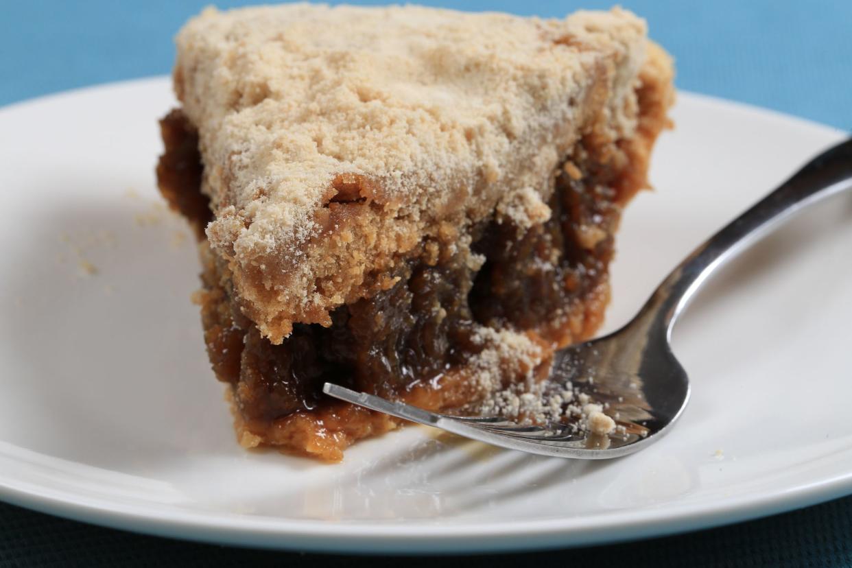 Shoofly Pie is a Pennsylvania Dutch dessert made of molasses with a wet, sticky and gooey bottom.