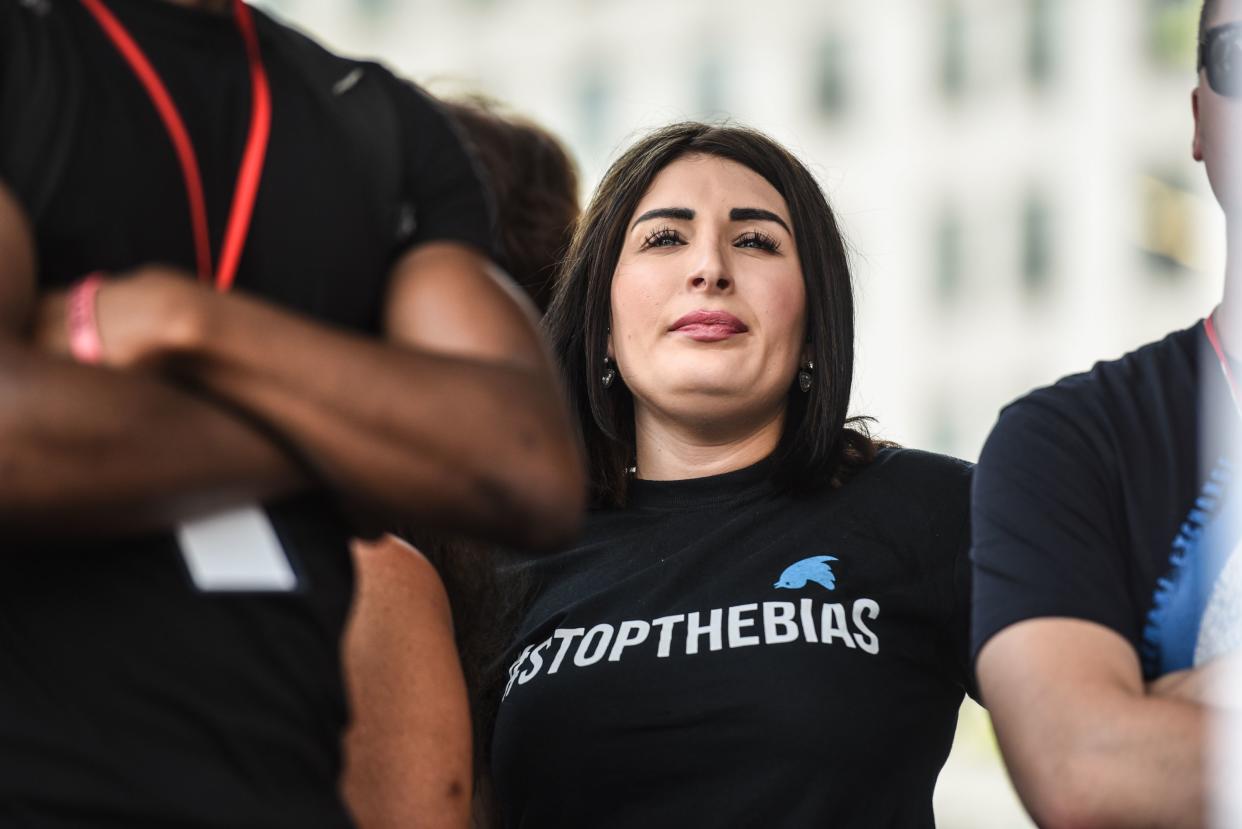 Laura Loomer waits backstage during a "Demand Free Speech" rally on Freedom Plaza on July 6, 2019 in Washington, DC. 