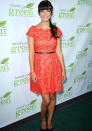 Celebrities in neon fashion: Hannah Simone looked amazing in this lace dress. <br><br>[Rex]