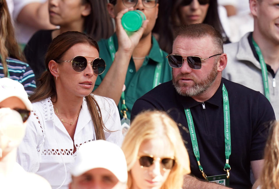 Coleen and Wayne Rooney on day twelve of the 2022 Wimbledon Championships at the All England Lawn Tennis and Croquet Club, Wimbledon. Picture date: Friday July 8, 2022. (Photo by Adam Davy/PA Images via Getty Images)