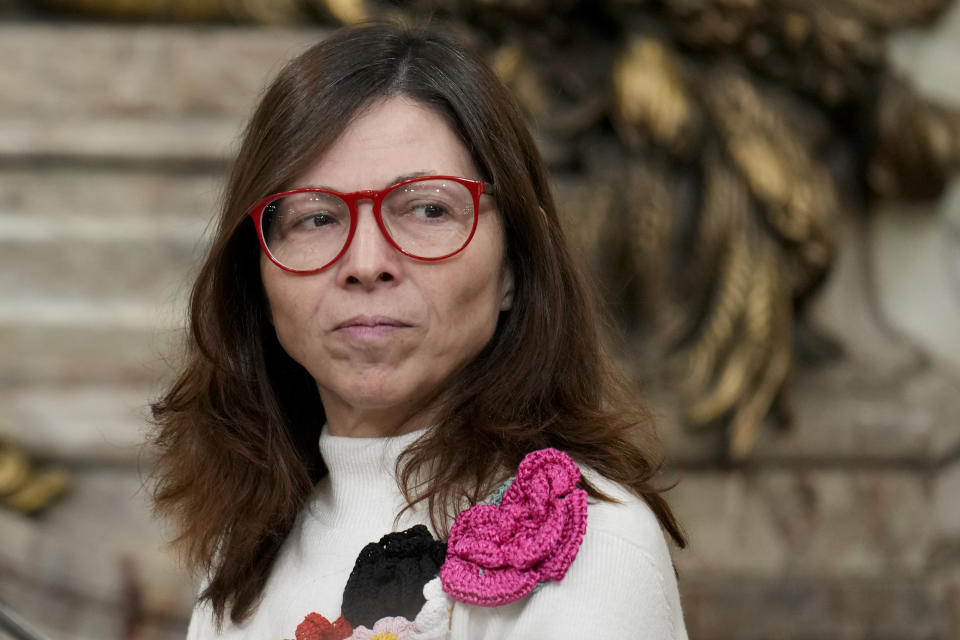 Argentina´s new Economy Minister Silvina Batakis smiles before being sworn into office at the government house in Buenos Aires, Argentina, Monday, July 4, 2022. Batakis will replace Martín Guzmán who quit unexpectedly Saturday, posting a seven-page resignation letter on Twitter. (AP Photo/Natacha Pisarenko)