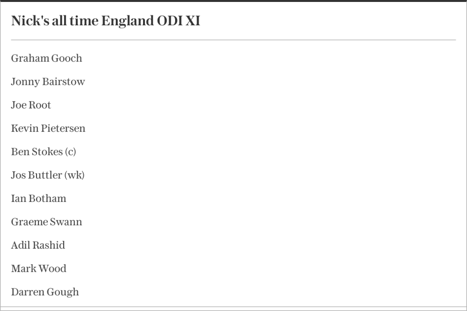 Nick Hoult's all time England’s ODI XI