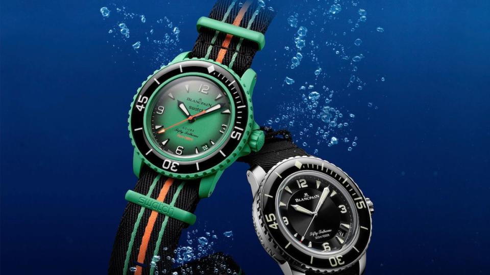 the new blancpain x swatch bioceramic scuba fifty fathoms alongside the watch that inspired it