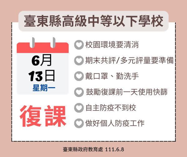 ▲台東縣高中以下學校，在6/13日復課。（圖／縣政府提供）