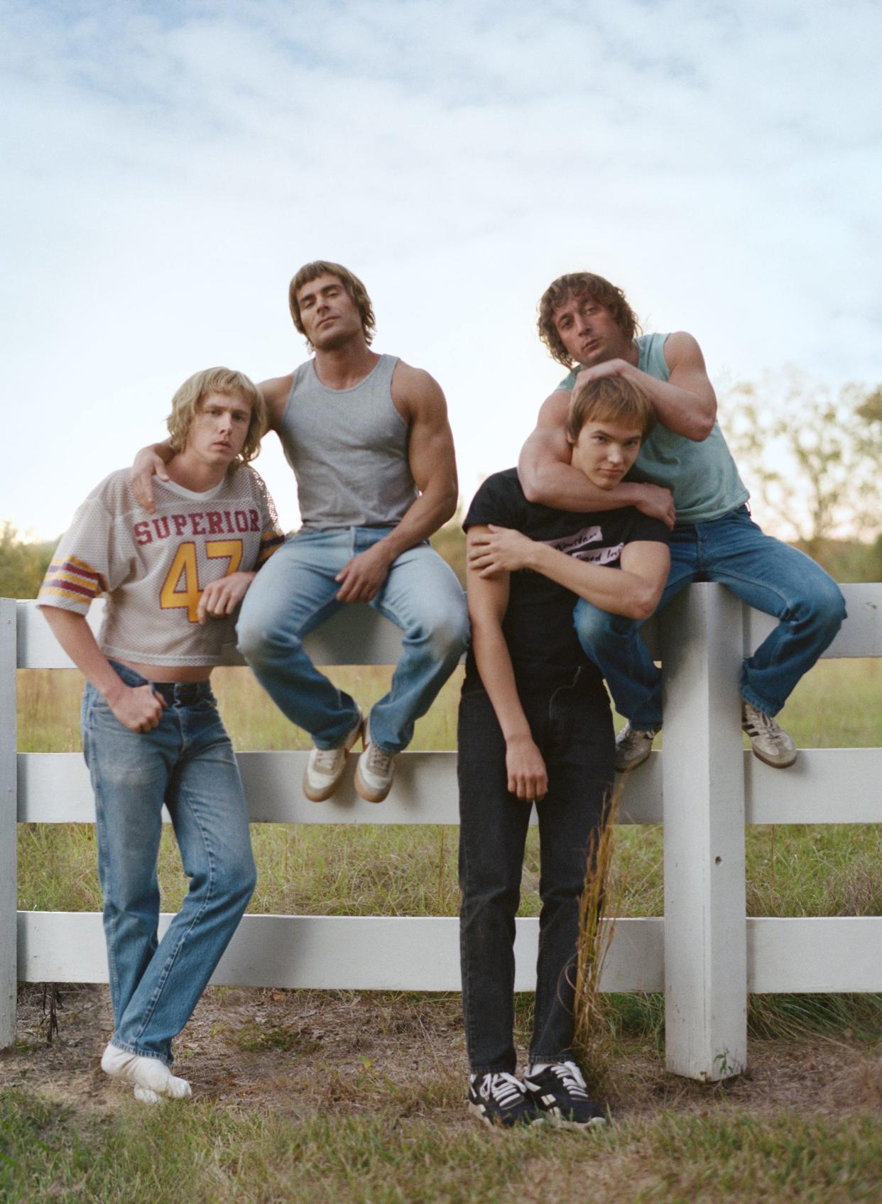 Harris Dickinson (far left), Zac Efron, Stanley Simons and Jeremy Allen White play the wrestling Von Erich brothers in "The Iron Claw."
