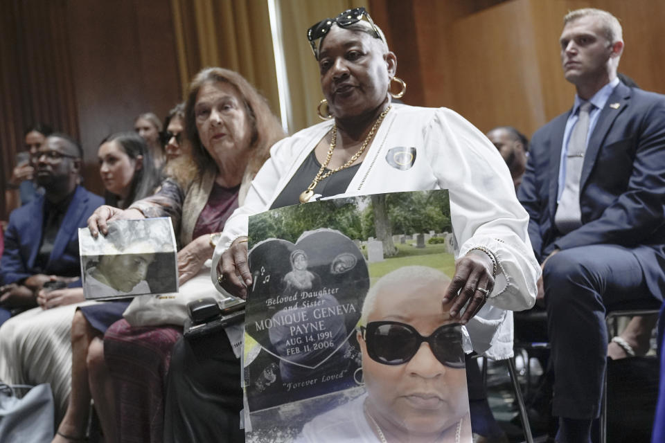Family members of abused and neglected youth at residential treatment facilities (RTFs) and advocates, attend a news conference on the need for Congress to act to protect children and reform RTFs, Wednesday, June 12, 2024, on Capitol Hill in Washington. (AP Photo/Mariam Zuhaib)