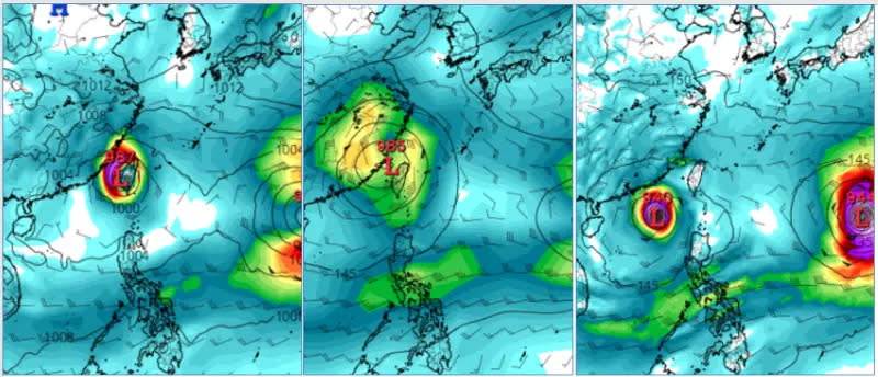 ▲歐洲及日本模擬轉向西北，31日20時已籠罩台灣(左、中圖)，美國模擬則修改為轉向偏西、經巴士海峽進入南海(右圖)。（圖／三立準氣象.老大洩天機）