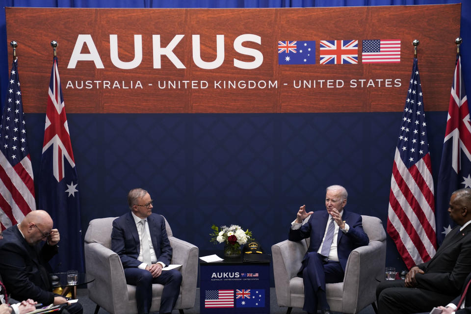 President Joe Biden meets Australian Prime Minister Anthony Albanese at Naval Base Point Loma, Monday, March 13, 2023, in San Diego. (AP Photo/Evan Vucci)