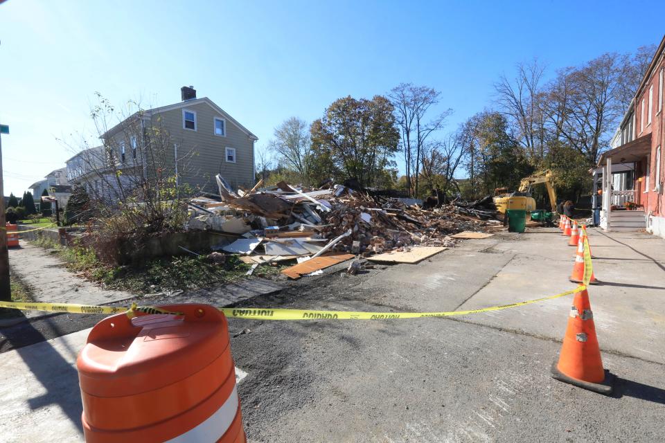 The rubble pile on Brick Row in the Village of Wappingers Falls on November 3, 2023. The 4 unit building was demolished following a gas main explosion and subsequent fire that destroyed much of the structure.