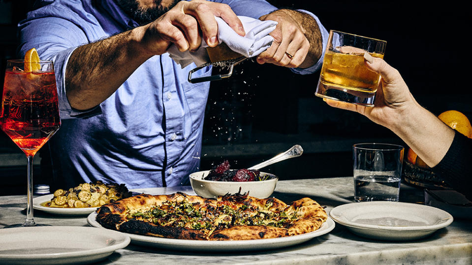 The potato pizza with an Aperol spritz and rye