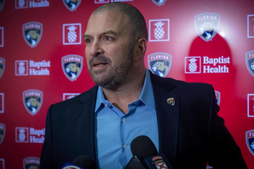 Sunrise, FL- March 3, 2023 - Panthers General Manager Bill Zito speaks to the press during a press conference at Live Arena in Sunrise, Florida