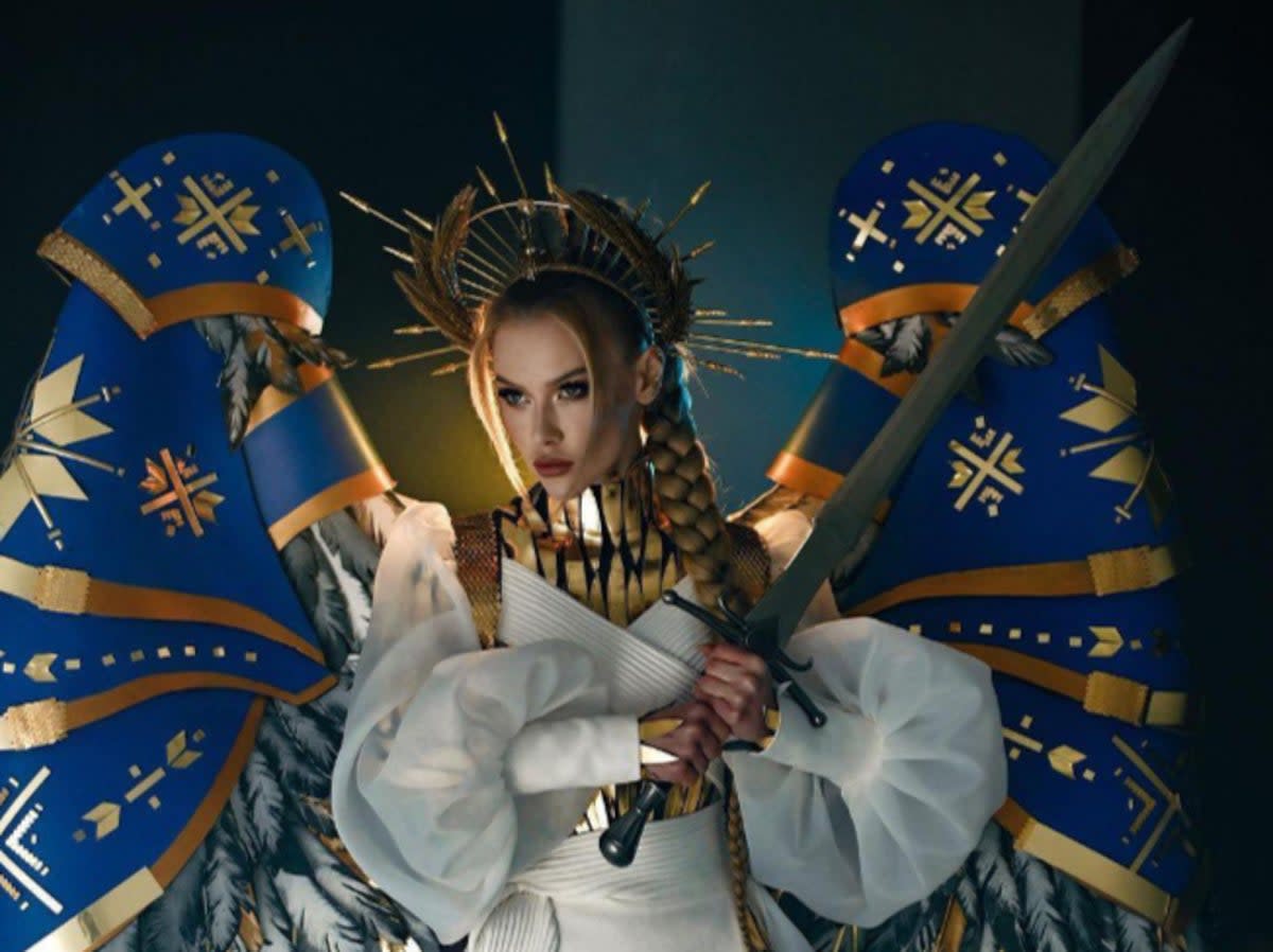 Miss Ukraine said in an Instagram post that the ‘Warrior of Light’ costume symbolises ‘our nation’s fight against darkness’  (@Captain_Kaycee / Twitter)