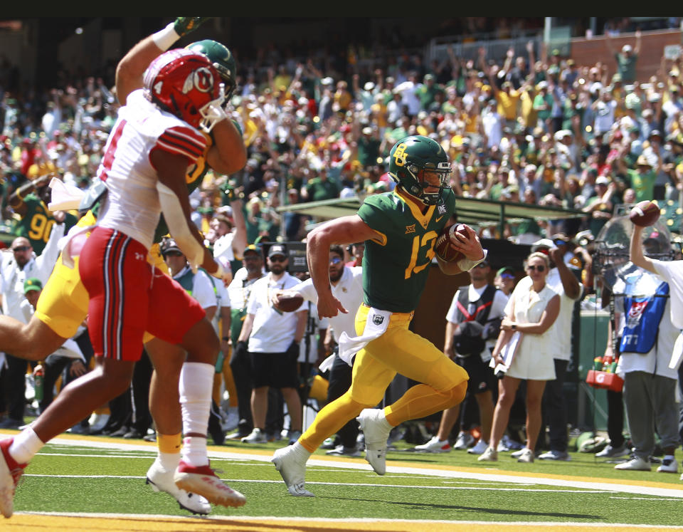 Baylor quarterback Sawyer Robertson runs past the Utah defense to score during an NCAA college football game, Saturday, Sept. 9, 2023, in Waco, Texas. (Lauryn Amy,/Waco Tribune-Herald via AP)